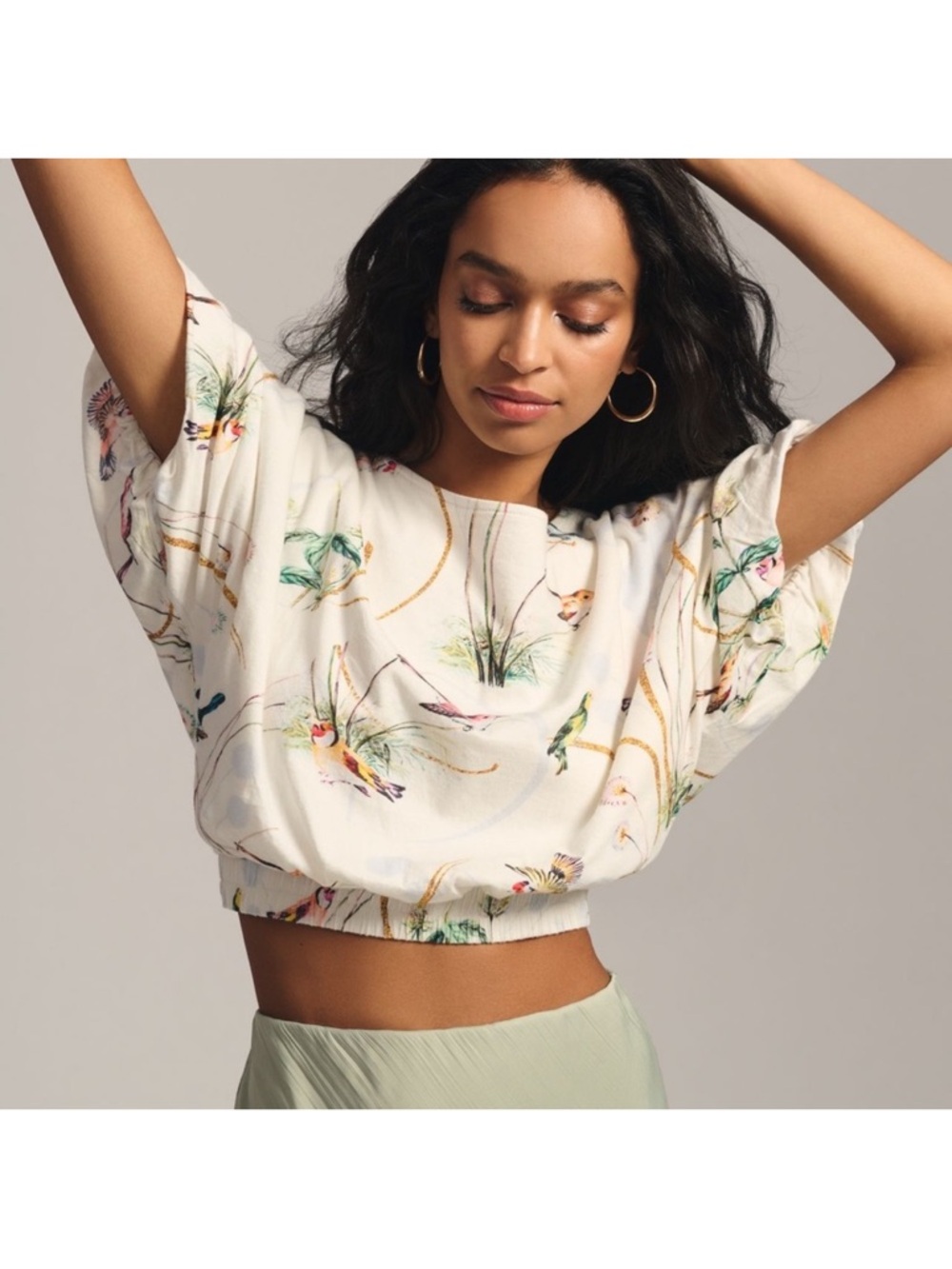 Anthropologie White Cropped Top with Multicolor Bird Print